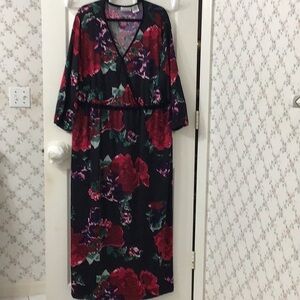PLUS size 2X striking flower print on black background V neck maxi dress.